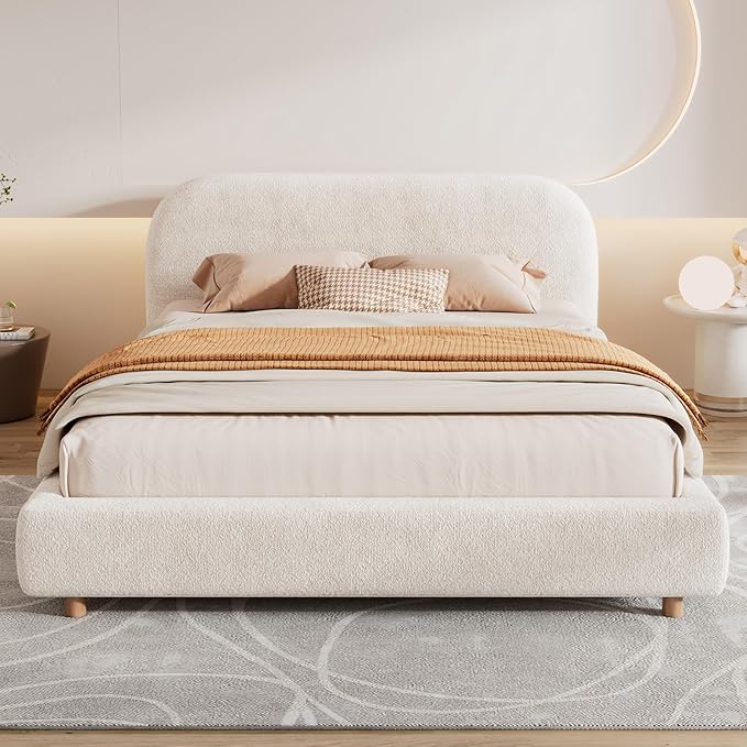 Christopher Knight Home Queen Size Platform Bed, Boucle Fabric Headborad and Bed Frame, Upholstered Curve-Shaped Design Headboard, Wood Bedpost and Slat, Modern Design Bed Set, Easy Assembly, White
