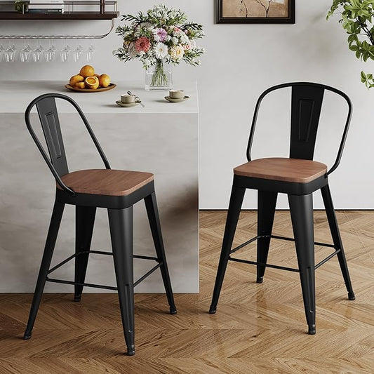 Andeworld Metal Bar Stools Set of 2, 30 inch Bar Height Barstools with Backs Farmhouse Modern High Back Bar Stools with Larger Seat Kitchen Dining Bar Chairs,Matte Black