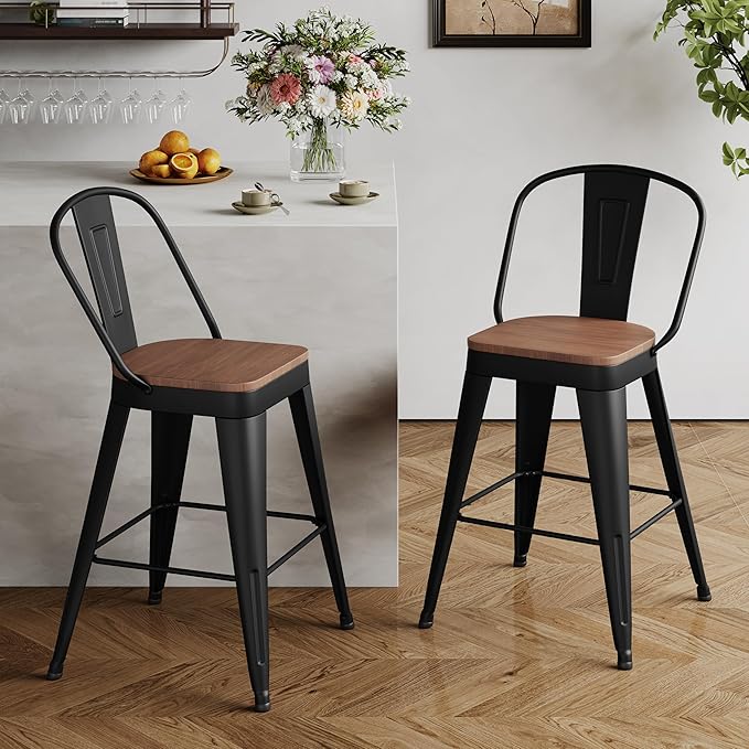 Andeworld Metal Bar Stools Set of 2, 26 inch Counter Height Barstools with Backs Farmhouse Modern High Back Bar Stools with Larger Seat Kitchen Dining Bar Chairs,Matte Black
