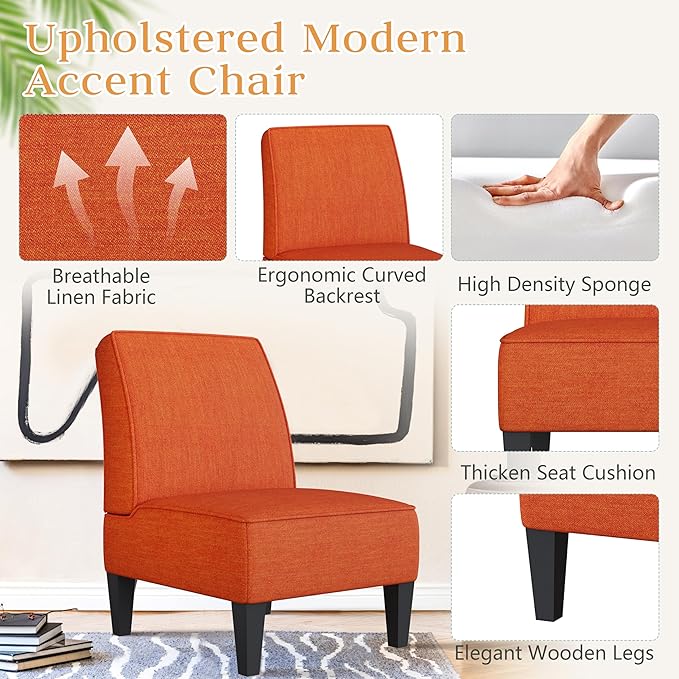 ALISH Accent Chairs Set of 2 Upholstered Living Room Chairs Armless Side Chairs Bedroom Chairs with Curved Backrest and Wooden Legs Orange