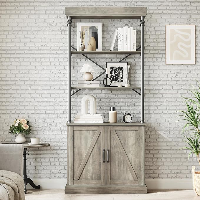 IDEALHOUSE Tall Bookshelf with Doors 73.62in Industrial Storage Open Rack Shelf with Cabinet Wood and Metal Bookcase Farmhouse Bookshelves Large Vintage Display Rack Home Office