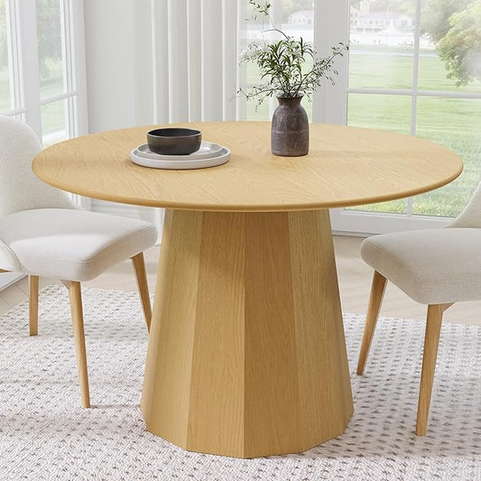 Casaphoria 46" Round Dining Table, Modern Wood Kitchen Table with Cone Shaped Strip Polygonal Base for Living Room & Dining Room, Easy Assembly Farmhouse Furniture for 4-6, Oak