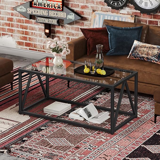 HOOBRO Glass Coffee Table, Black Coffee Tables for Living Room, Black Glass Coffee Table,1 Layer Center Table, Modern, for Apartment, Office, 39.4 x 19.7 x 17.7 Inches, Easy Assembly, Black BK04KF01
