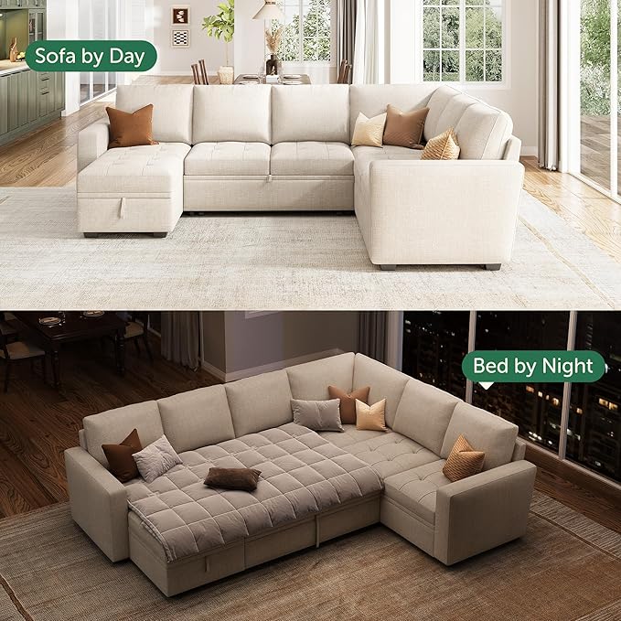 HONBAY Sectional Sleeper Sofa Couch with Pull Out Bed, Convertible L Shaped Couch with Storage, Sleeper Sectional Sofa Bed for Living Room, Beige