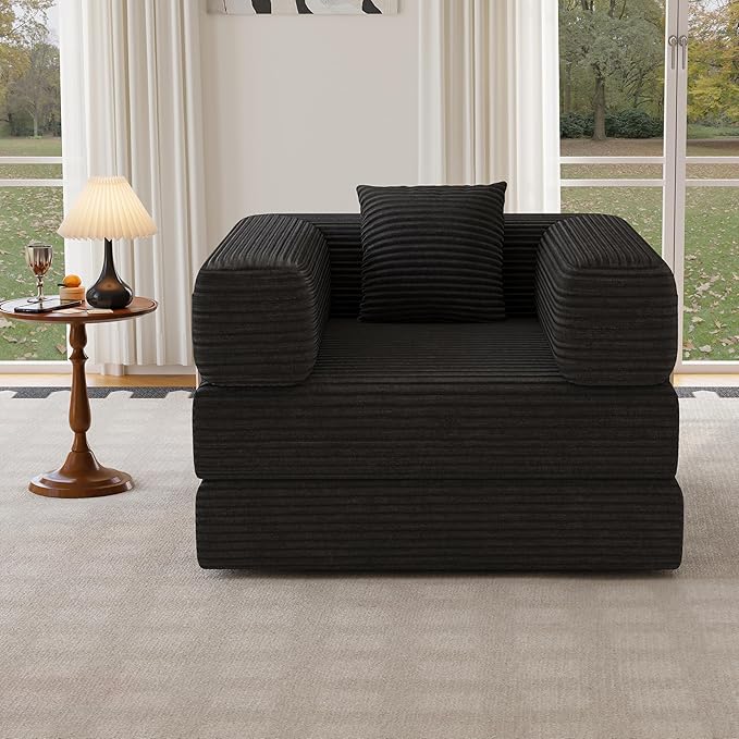 BSHOMGI Folding Sofa Bed, 2 in 1 Convertible Sofas Lounger Comfy Single Chair Teddy Fabric Compressed Couch,Boneless FoldingSleeper for Living Room, Guest Bed, Playroom (Black, 35.43" Single Sofa)