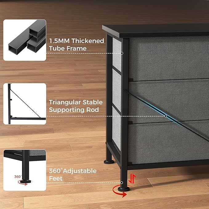 DUMOS TV Stands for Living Room Furniture with 9 Fabric Drawers, Long Entertainment Center Up to 75 Inch TV, Media Console Table with Storage for Bedroom, Adjustable Feet, Grey.