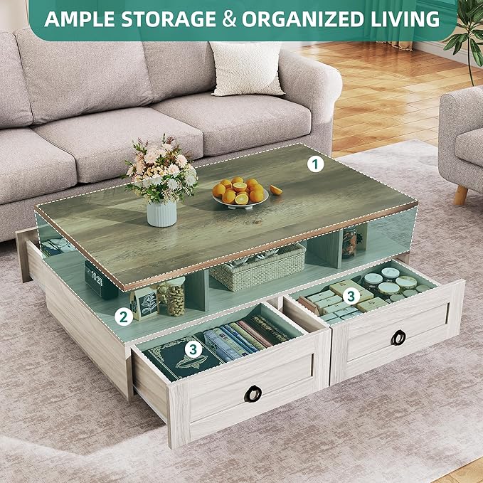 YITAHOME Farmhouse LED Coffee Table with Storage 4 Drawers, Wood Coffee Tables for Living Room, 2 Tiers Open Display Area with Metal Chic Handles, Industrial Cocktail Center Table, Brown and Oak