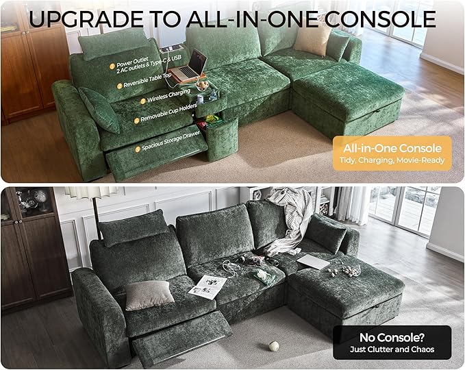 Oversized Modular Sectional Sofa with Double Power Recliner, Cloud Reclining Couch with Headrest, Storage Drawer Charging Cup Holders, Deep L-Shaped 6 Seater with Corner, Chenille, Green