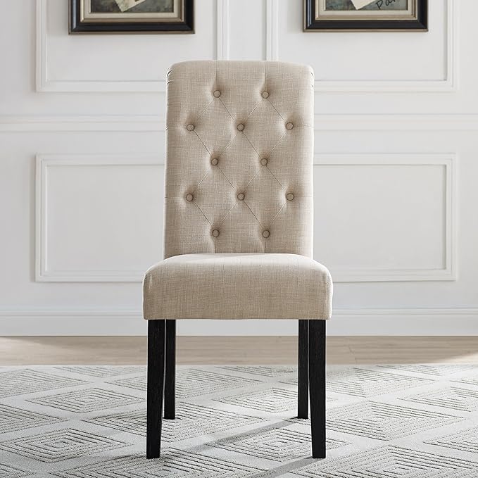 Roundhill Furniture Leviton Solid Wood Tufted Asons Dining Chairs, Set of 2, Tan