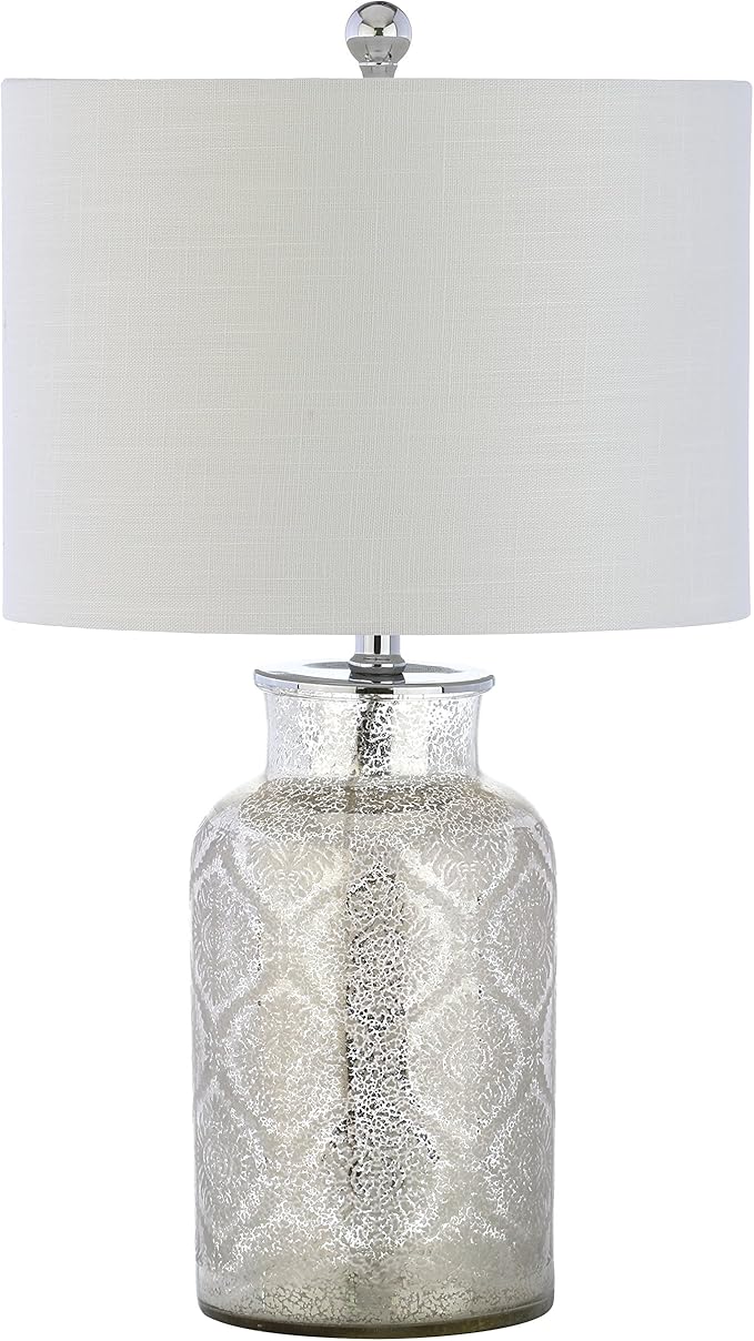 JONATHAN Y 24.5" Mercury Silver Trellis Glass Table Lamp for Living Room, White Linen Shade, Modern Bedside Nightstand Lamp for Bedroom, LED Bulb Included, UL Listed JYL1063A