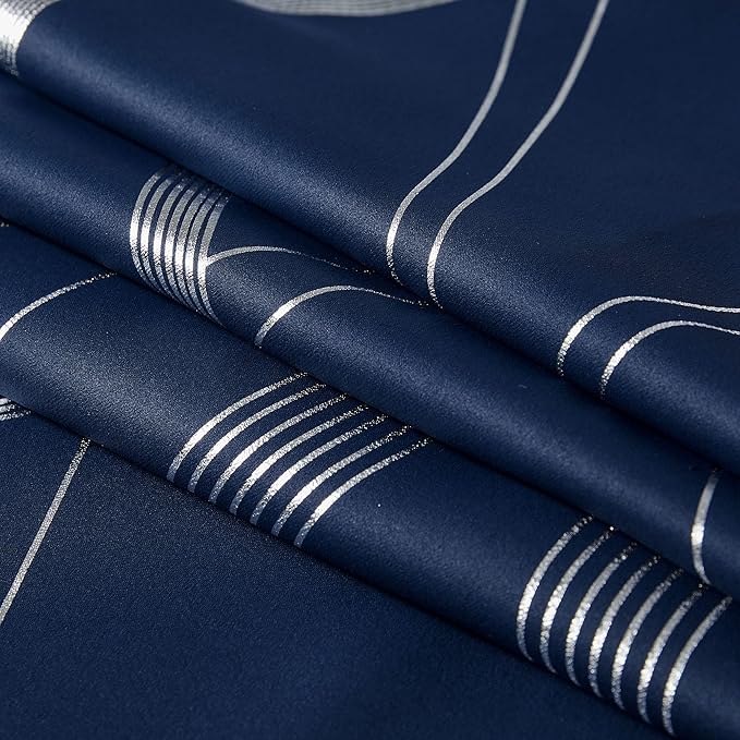 NICETOWN Blackout Curtain Panels 72 inches Long, Window Treatment Foil Printed Wave Lines Thermal Insulated Grommet Blackout Drapes for Living Room/Office/Guest Room(Navy, 1 Pair, 52 inches Wide)