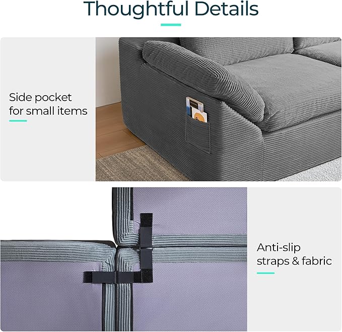 LINSY HOME 109" Modular Couch Modern Boneless Cloud Couch, U Shaped Sofa with Movable Ottomans, Deep Seat Corduroy Sectional Couches for Living Room, Apartment, No Assembly Required, Grey