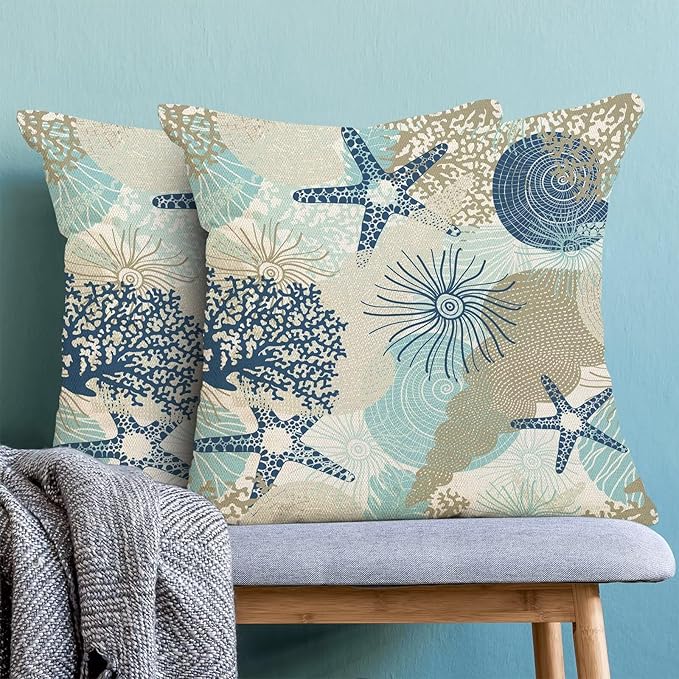 Nautical Coastal Throw Pillow Cover 22 x 22 Inch Pack of 2,Summer Beach Ocean Themed Decorative Pillow Covers Square Linen Starfish Seashell Pillow Cases Cushion for Bedroom Home Sofa Decoration