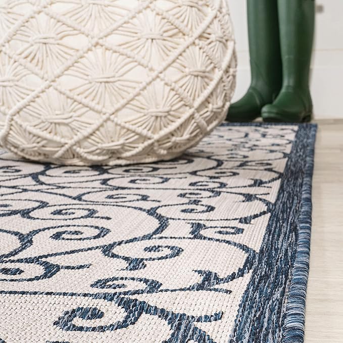 JONATHAN Y Vintage Filigree Indoor Outdoor Area Rug 9X12 Blue/Cream, Madrid Textured Weave for Backyard, Patio, Porch, Easy-Cleaning, High Traffic, Pet-Friendly, Non-Shedding (SMB107F-9)