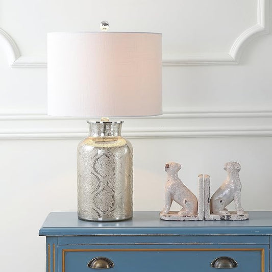 JONATHAN Y 24.5" Mercury Silver Trellis Glass Table Lamp for Living Room, White Linen Shade, Modern Bedside Nightstand Lamp for Bedroom, LED Bulb Included, UL Listed JYL1063A