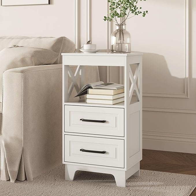 Tall Nightstand Set of 2 Side Table with 2 Drawers Modern Night Stand Wooden End Table Bedside Table with Upper Open Shelf Solid Feet for Bedroom, White