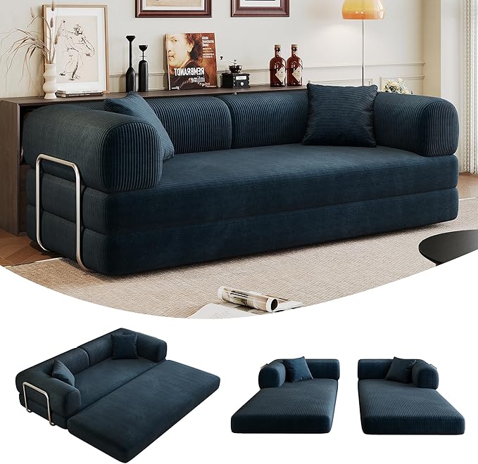 79" Convertible Sofa Bed, Corduroy Folding Pull Out Couch with Pillows, No Assembly Modern Boneless Couch Compression Sofa in Box, Floor Sofa with Support Rods for Living Room,Blue