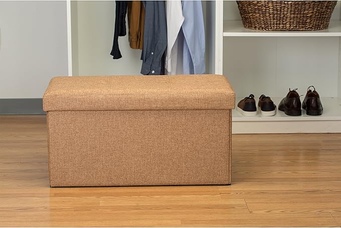 Simplify Faux Linen Folding Storage Ottoman | Double | Collapsible | Tufted Padded Seating | Foot Rest | Toy Box | Bench | Camel
