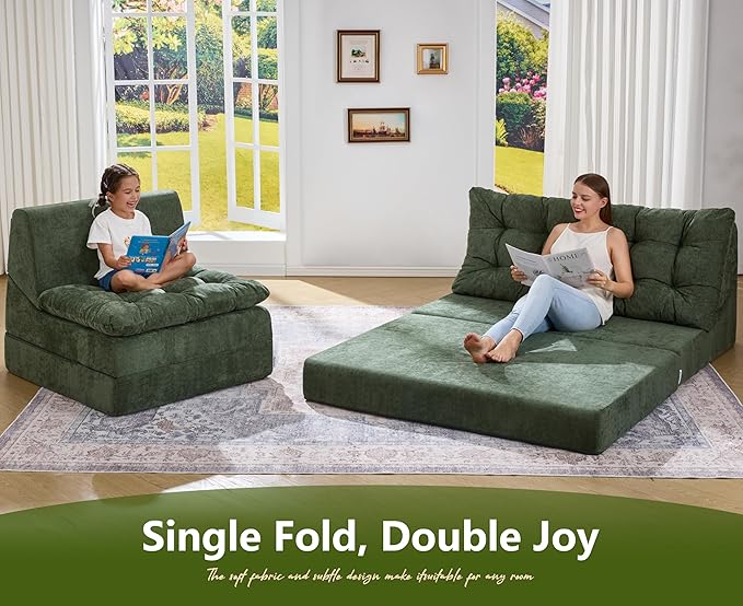 Hobestluk Sofa Couch Folding Sofa Bed Comfy Floor Lounger Convertible Sofa with Removable Cushion Couches for Small Spaces Foldable Mattress for Living Room Bedroom or Office (Chenille Green, Large)