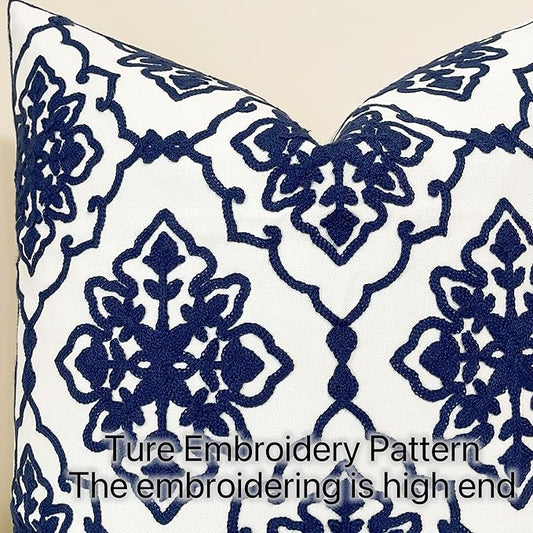 Slow Cow Pack of 2 Canvas Embroidery Decorative Cushion Covers Navy Blue Bohemian Flower Throw Pillow Covers 18 x18 inches