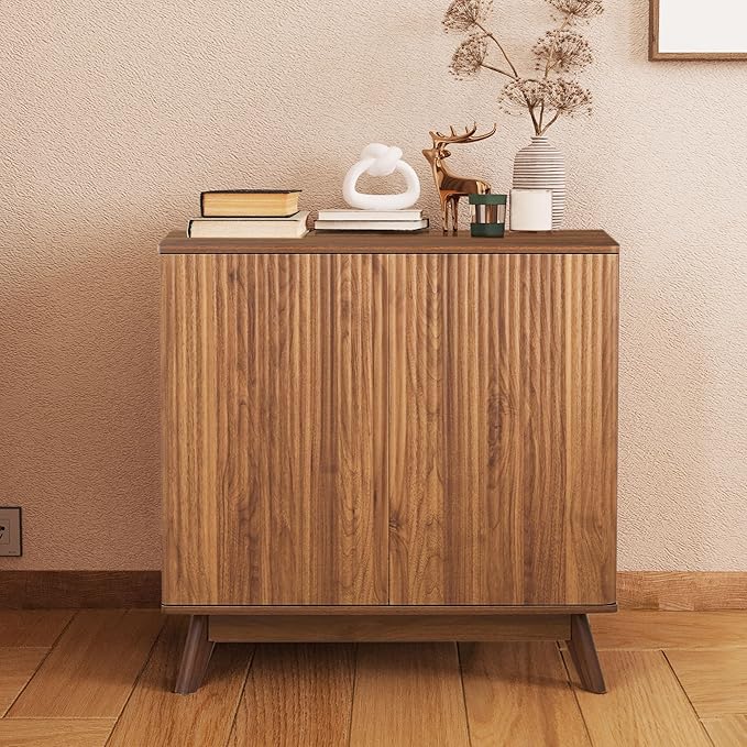 Fluted Storage Cabinet with 2 Doors and Adjustable Shelves, Mid Century Modern Credenza Sideboard Buffet Cabinet with Storage, Kitchen Sideboard for Dining Room Hallway Entryway Living Room - Walnut