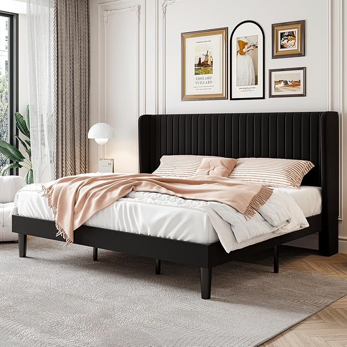 SHA CERLIN King Size Velvet Bed Frame with Vertical Channel Tufted Wingback Headboard, Upholstered Platform Bed with Wood Slats, No Box Spring Needed, Easy Assembly, Black