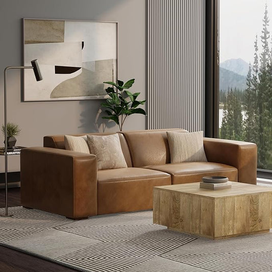 SIMPLIHOME Rex 2-Seater Modular Sofa in Full-Grain Genuine Leather, Caramel Brown, 88-inches Wide, Handcrafted Leather Loveseat Sofa for Living Room
