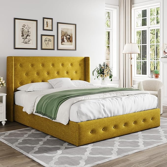 Allewie Full Size Lift Up Storage Bed, Button Tufted Headboard with Wingback, Hydraulic Support, No Box Spring Needed, Olive Yellow