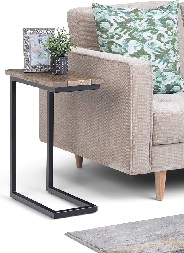 SIMPLIHOME Skyler C-Side Table - 18" Wide x 24" High Solid Mango Wood and Metal Slide-Under Table in Beach Brown, Industrial Accent Table or End Table for Living Room with Open Frame Design, Assembled