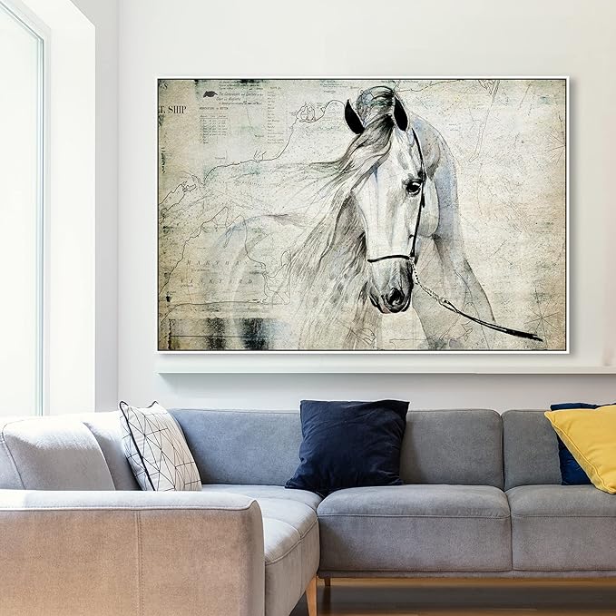 Country Farmhouse Canvas Print Painting Animal Wall Art 'Southern White Horse' White Framed Canvas Rustic Home Décor 54x36 in Gray, Brown by Oliver Gal