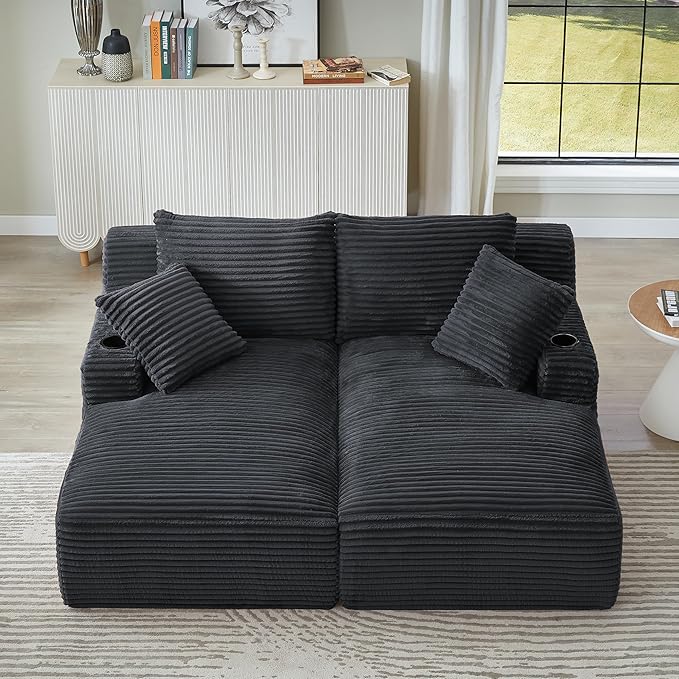 Eafurn Oversized Double Chaise Lounge Indoor with Cup Holders & Side Pocket, 71" Plush Corduroy Boneless Chaise Lounge Sofa with High Density Sponge & Deep High Seat Comfy Sleeper Couch Bed | Breathable material, No Assembly, 52" Deep Seat, 19.7" High ...