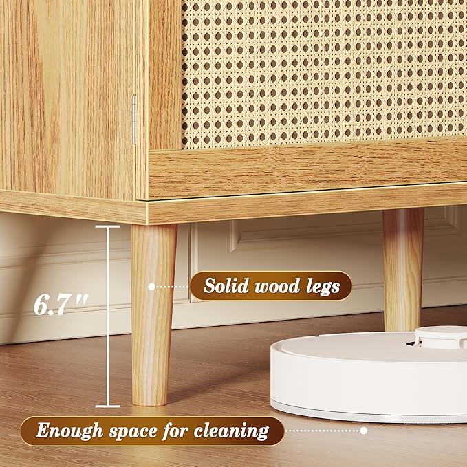 SUPERJARE 70.9 Inch Boho TV Stand for 75 Inch TV, Entertainment Center with Adjustable Shelf, Rattan TV Console with 2 Cabinets, Media Console, Solid Wood Feet, 4 Cord Holes, for Living Room, Natural