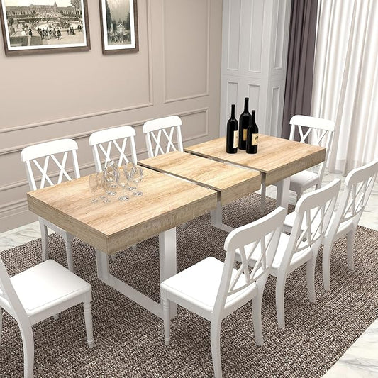 Ball & Cast Expandable Dining Table for 6-10,63-78.7" Transformer Kitchen Table W/Tapered U-Shaped Legs,Farmhouse Rectangular Extendable Dining Room Table for Small Space,White+Oak