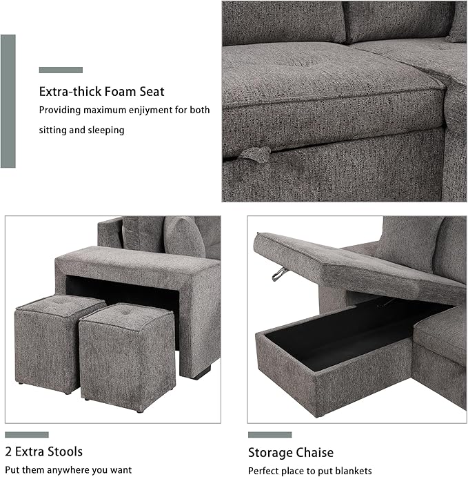 Merax Pull Out Sleeper Sofa with Storage Chaise and 2 Stools for Living Room, Modern L-Shape 3 Seat Reversible Sectional Couch