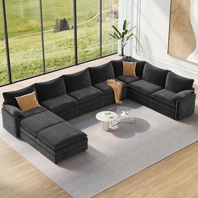 Vesgantti Large Modular Sectional Sofa, Big Comfy Cloud Couch with Ottoman Deep Seat Corduroy Cloud Sofa, 9 Seater Large Sectional Couches for Living Room, Bedroom and Apartment, Gray | Sink-in Comfort, Height Adjustable, Easy Rearrangement, Extra-deep...