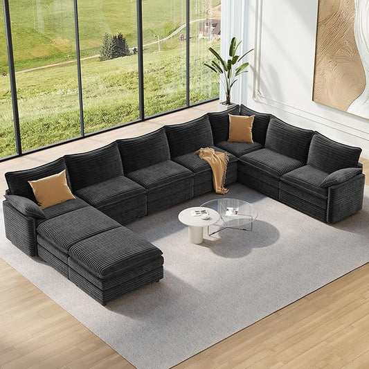 Vesgantti Large Modular Sectional Sofa, Big Comfy Cloud Couch with Ottoman Deep Seat Corduroy Cloud Sofa, 9 Seater Large Sectional Couches for Living Room, Bedroom and Apartment, Gray | Sink-in Comfort, Height Adjustable, Easy Rearrangement, Extra-deep...