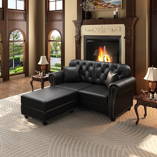 KEIKI 63" Faux Leather Chesterfield Sofa with Rolled Arms & Nailhead Trim & 1 Ottoman, 2-Seater Button Tufted Couch with High Resilience Cushion & 2 Pillow, Easy Assembly, for Living Room, Black