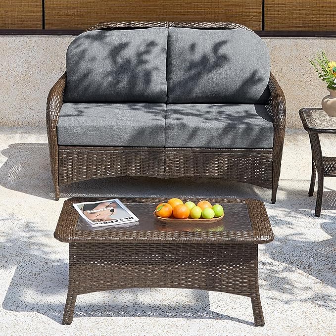 Tribesigns Outdoor Wicker Loveseat with Thick Gray Cushions, 2-Seater Patio Sofa, All-Weather PE Rattan Outdoor Furniture for Porch, Deck, Backyard, Brown/Gray