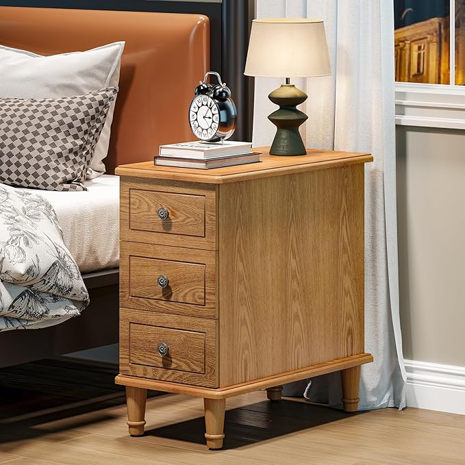 LITTLE TREE Fully Assembled End Table, Narrow Bedside Table with 3 Drawers, Vintage Nightstand for Small Spaces, Living Room, Bedroom, Natural Color