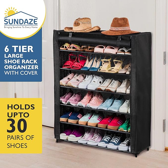 Sundaze Shoe Rack with Cover - 6 Tier Shoe Rack for Front Door Entrance, Sturdy Tall Shoe Organizer for Bedroom, Closet, Garage, Non Woven Fabric Shelf, Black, Holds Up to 30 Pairs
