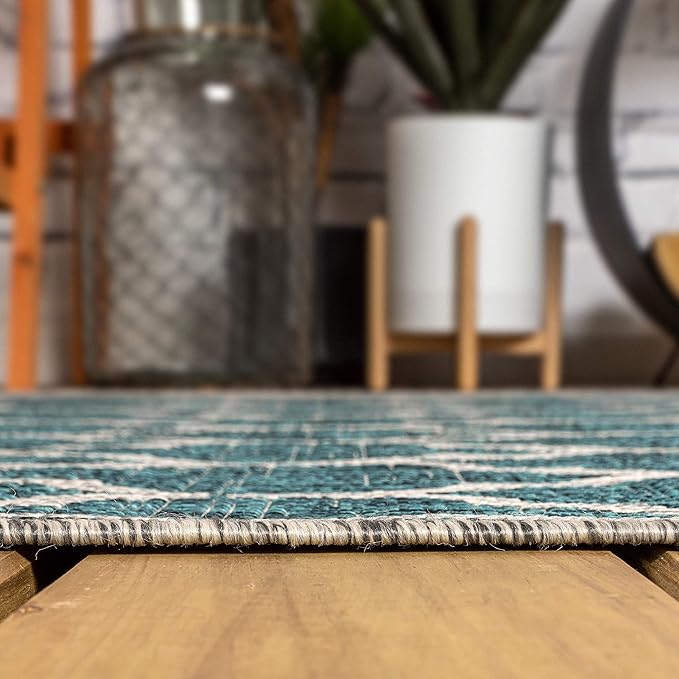 JONATHAN Y Moroccan Trellis Indoor Outdoor Square Area Rug 8X8 Teal/Gray, Trebol Textured Weave for Backyard, Patio, Porch, Easy-Cleaning, High Traffic, Pet-Friendly, Non-Shedding (SMB109E-8SQ)