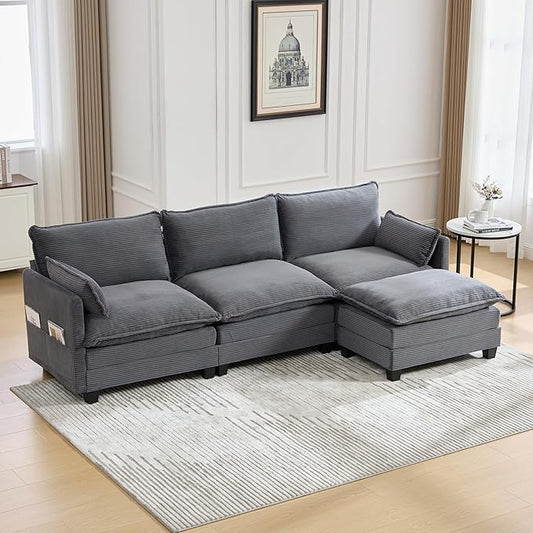 103" Oversized Modular Sectional Sofa Couch with Reversible Ottoman, Free Combination Convertible Corner Couch,Corduroy Upholstered Cloud Sectional Couch with Side Pockets | Multiple Cushions, DIY Combination, Removable Cover