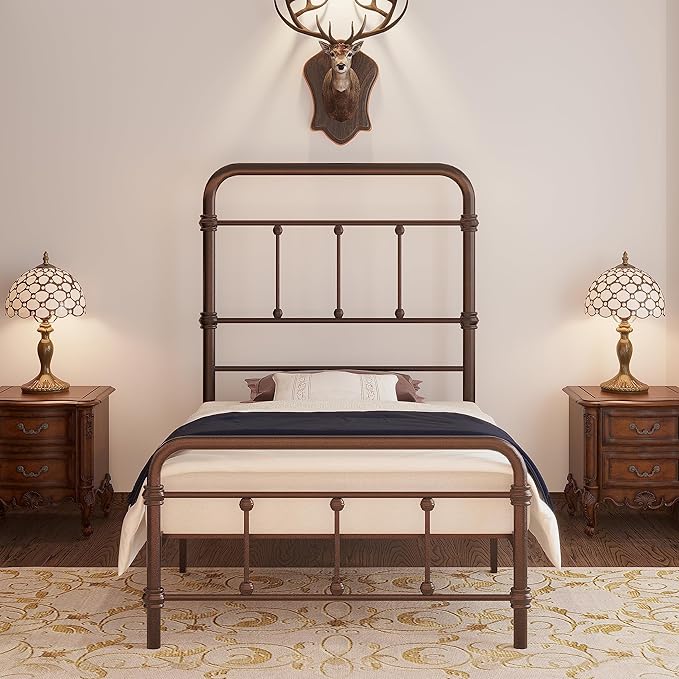 Twin-Bed-Frames with headboard for-Kids Giselle-Vintage Antique Metal - Platform Mattress Foundation,49 inch High,No Box Spring Needed(Brown)