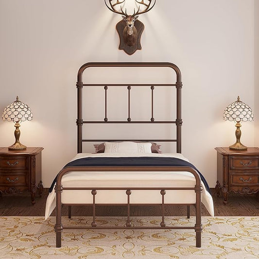 Twin-Bed-Frames with headboard for-Kids Giselle-Vintage Antique Metal - Platform Mattress Foundation,49 inch High,No Box Spring Needed(Brown)