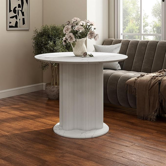 Homes: Inside + Out Elara Modern 39-inch Round Dining Table with Fluted Pedestal Base, Seats up to 4, for Home Kitchen, Living Room, White