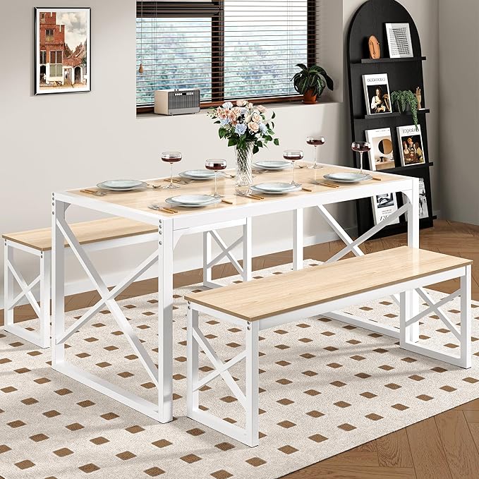 VECELO 55" Kitchen Dining Table Set for 4-6, Wood Dinette 2 Benches with Metal Frame for Dinner Breakfast Nook and Small Space, Oak