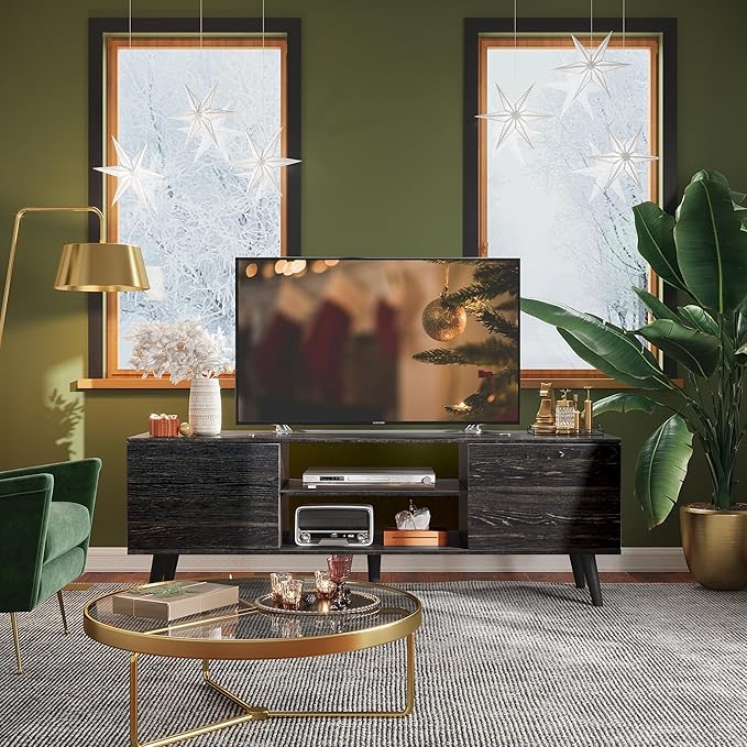 WLIVE Mid-Century Modern TV Stand for 55/60 Inch TV, Entertainment Center with Storage & Adjustable Shelves, Media Console with Soft-Close Cabinets for Living Room/Bedroom, Greige White