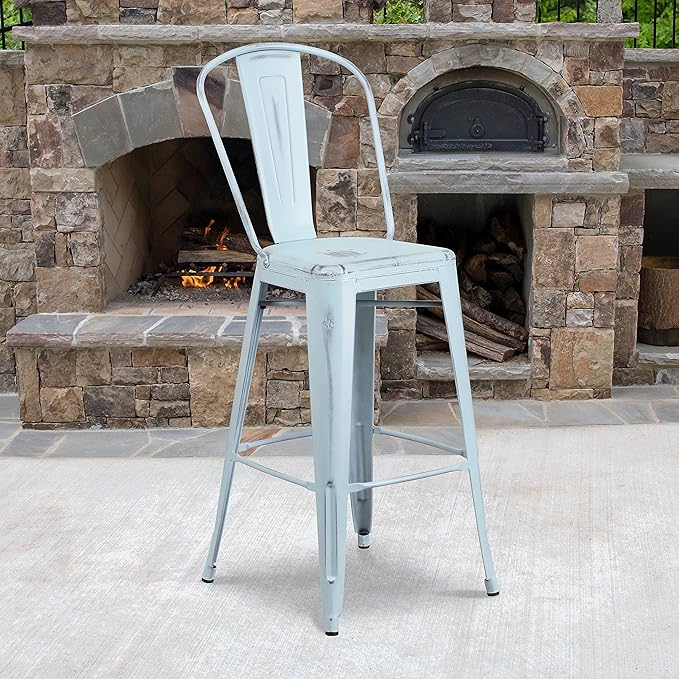 Flash Furniture Blake Commercial Grade 4 Pack 30" High Distressed Green-Blue Metal Indoor-Outdoor Barstool with Back