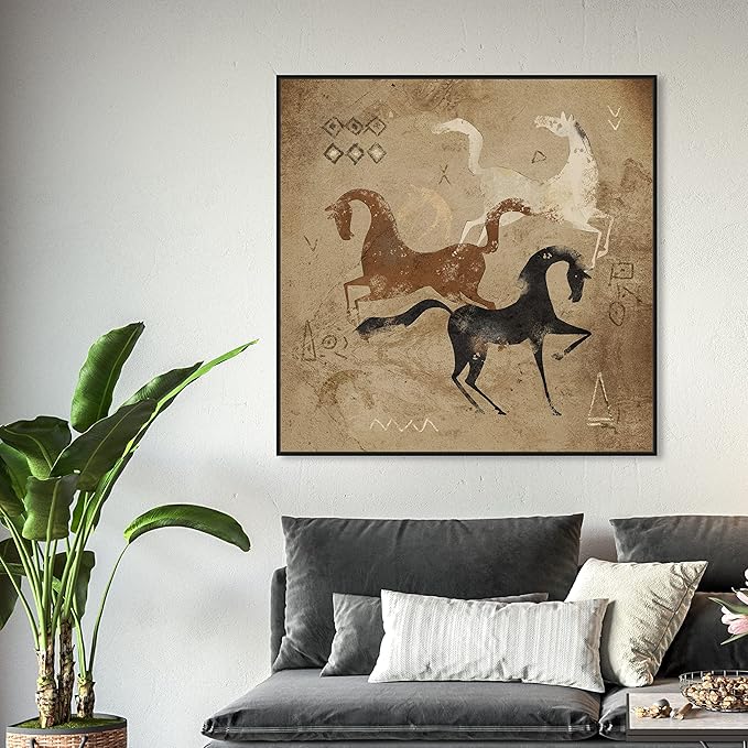 Oliver Gal Artist Co. Abstract, Canvas Wall Art, "Primitive cave horse drawing" Ready to Hang Living Room, Bedroom and Bathroom Home Décor, 40.0 x 40.0, White, Framed Canvas Art