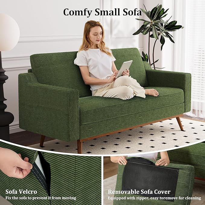 Vipbear 65.4" Loveseat Sofa Green Corduroy Couch, Mid-Century Modern Small Couches for Living Room, Bedroom, Office, Comfy Sofa with Spring Cushion, Solid Wood Frame, Tool-Free Assembly